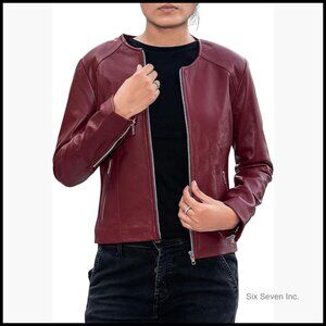 Slim Fit Lambskin Leather Jacket Women Collarless Lightweight